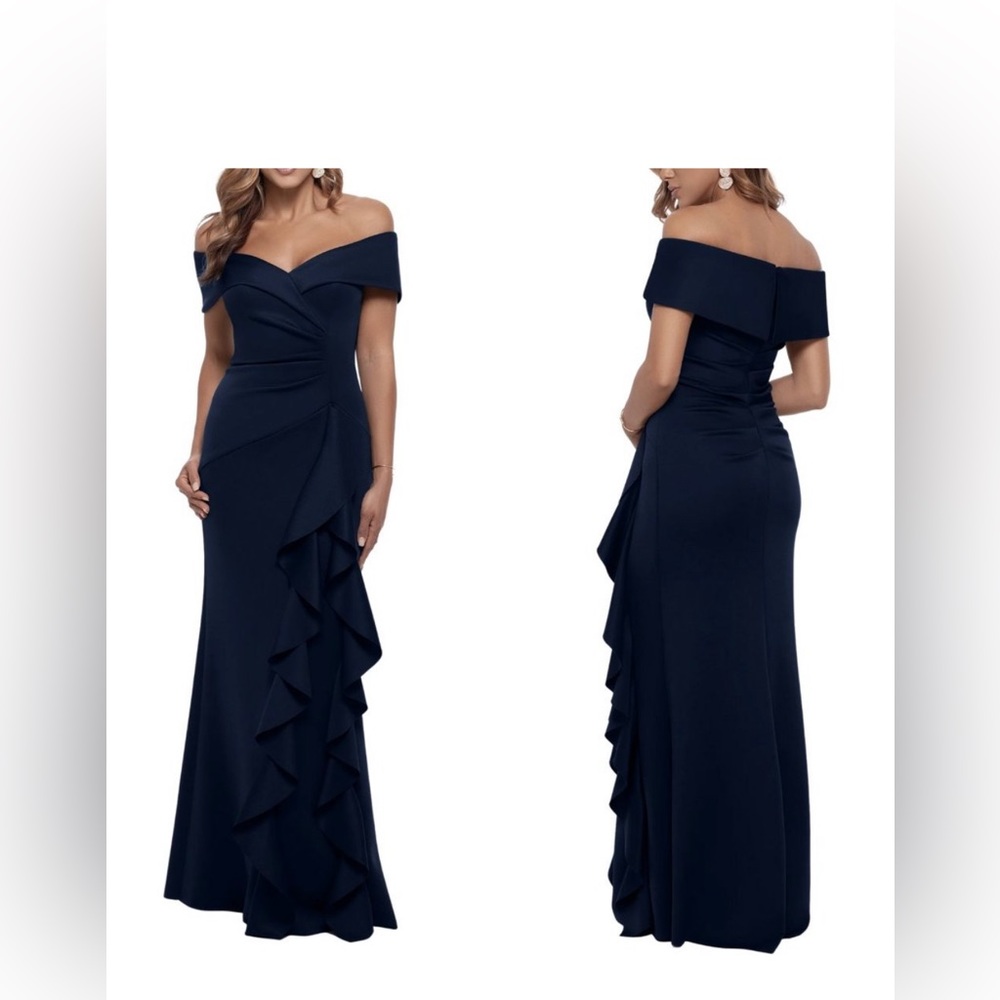 Xscape women’s LONG SCUBA CREPE OFF THE SHOULDER DRESS NWT